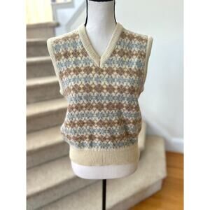 Vintage Cream Brown & Blue Icelandic Fair Isle Snowflake Argyle Sweater Vest